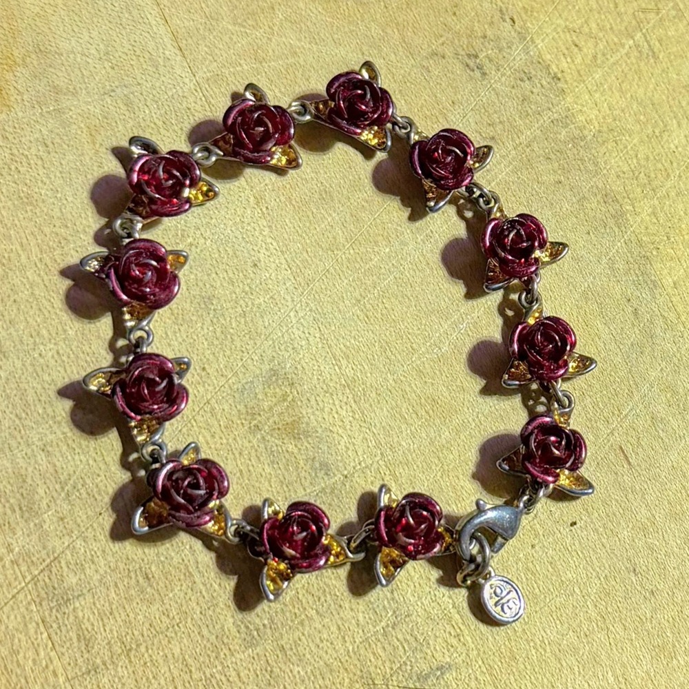 Danbury Mint A Dozen Roses 14kt Gold Clad Enamel Bracelet 7.5" Romantic Gift